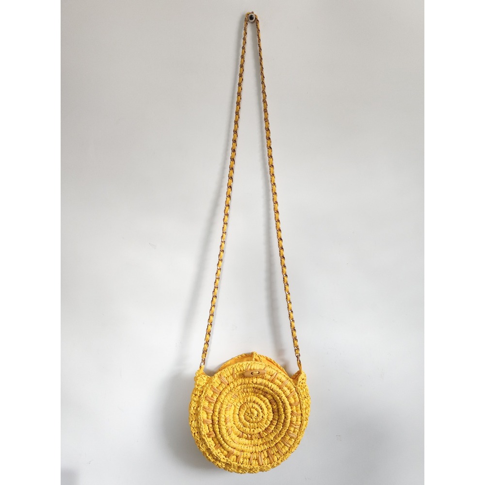 Inc Crossbody Bag Purse Circle Straw Woven 8 in Small Yellow‎ Boho Summer Beach